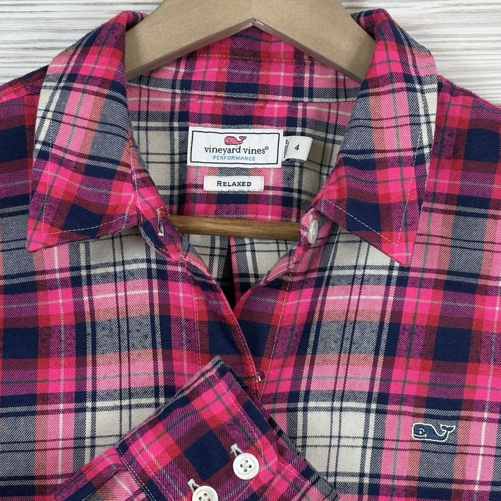 Vineyard Vines Performance Relaxed Fit‎ Button Front Blouse Pink Plaid Size 4